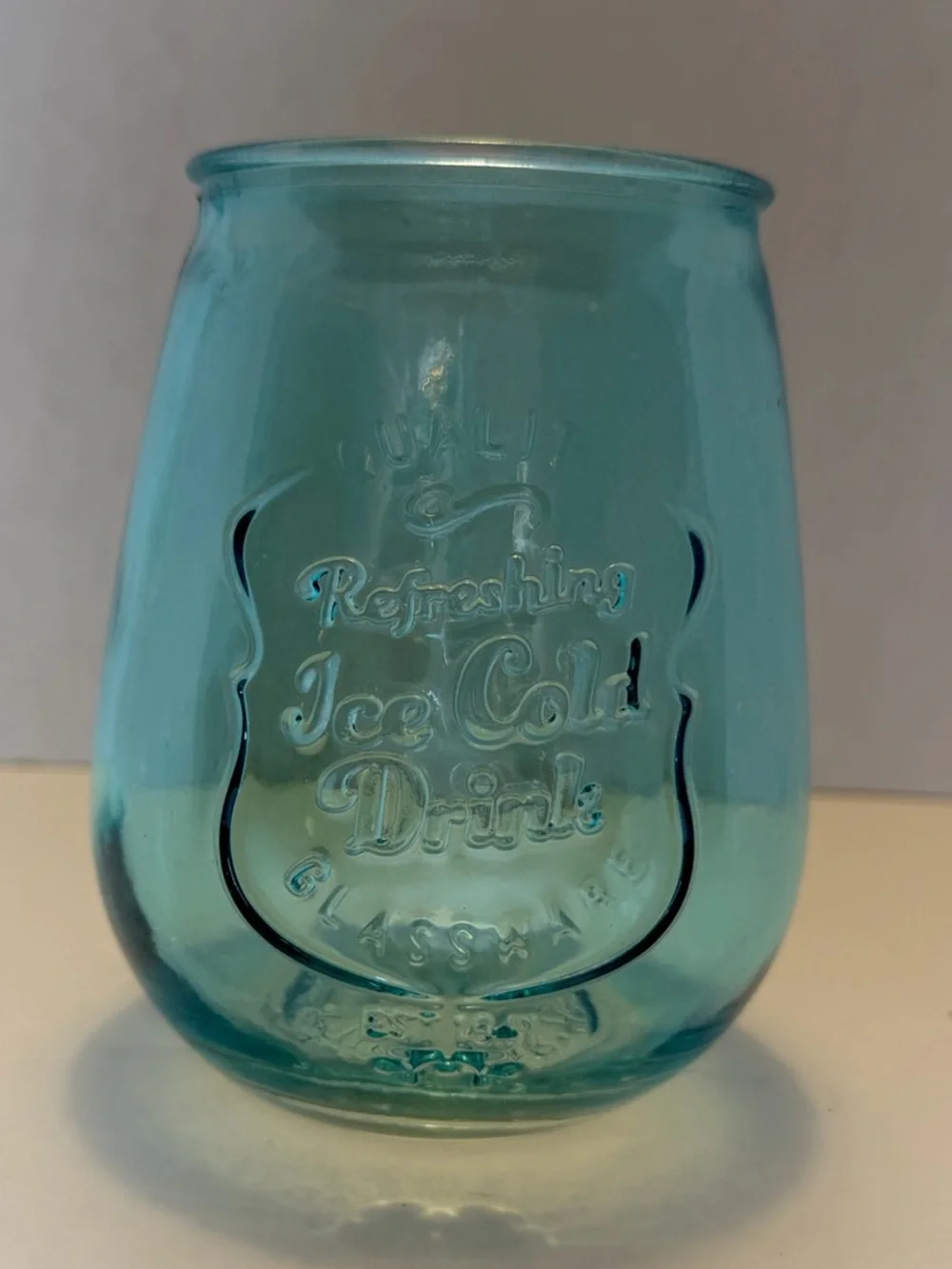 Aqua Blue Embossed Glass Tumbler / Stemless Wine Glass - Ice Cold Drink